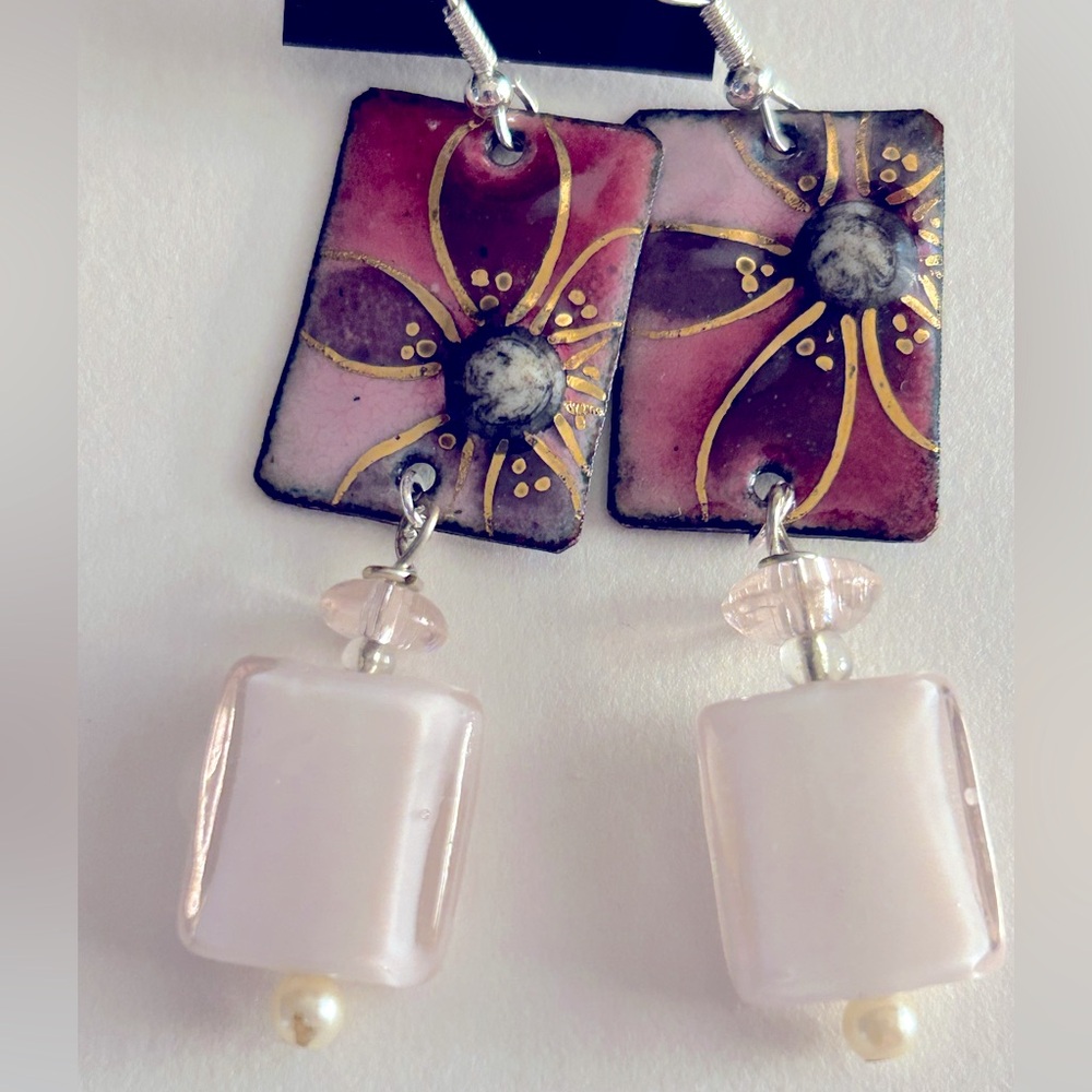 Earrings NWOT Artisan purple magenta Flowers enameled Copper, art glass  2.5”